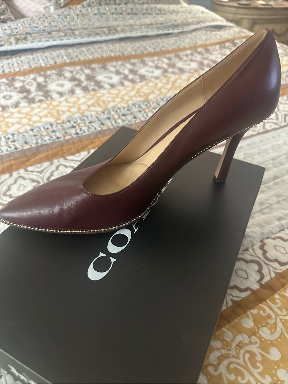 Coach Wine Leather Pointed-Toe Pump with Studded Trim
